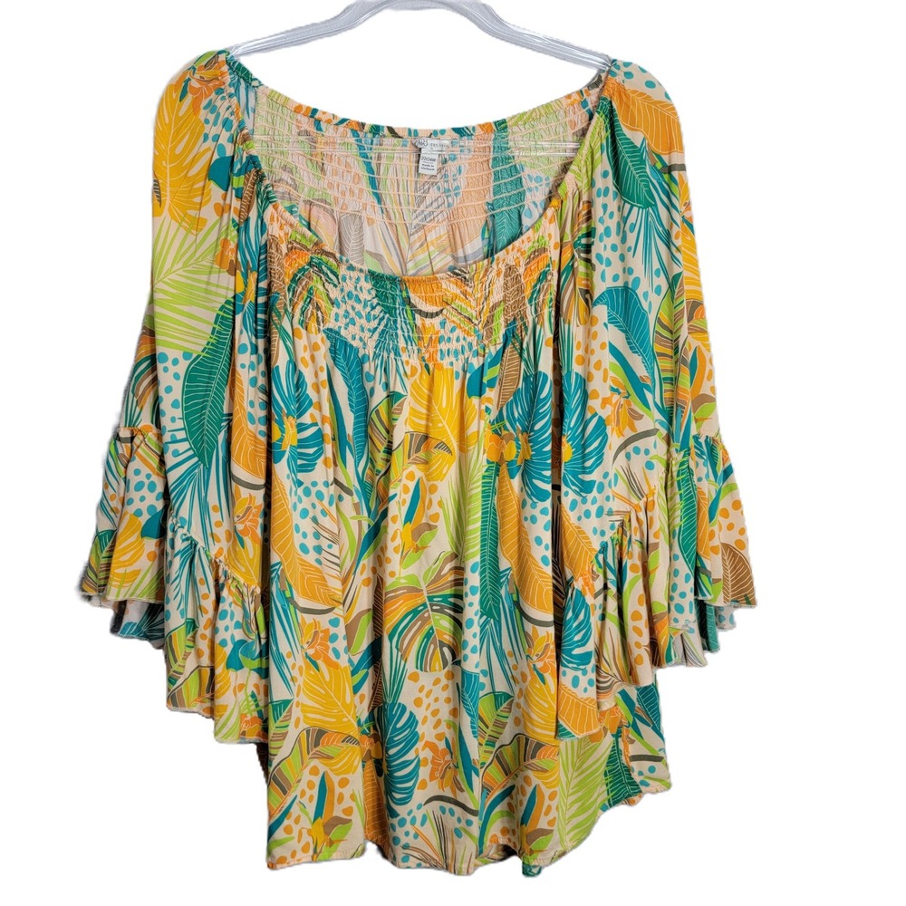 Cato Womens 22/24W Tropical Floral Smocked Peasant Top Bell Sleeve Yellow Teal‎
